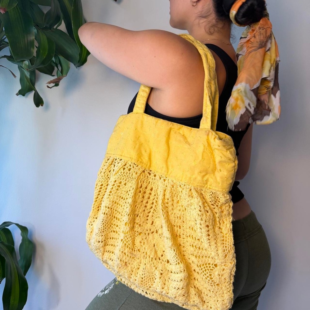 Boho Yellow Crochet Slouchy Hobo Shoulder Bag Cottagecore Granola Whimsy